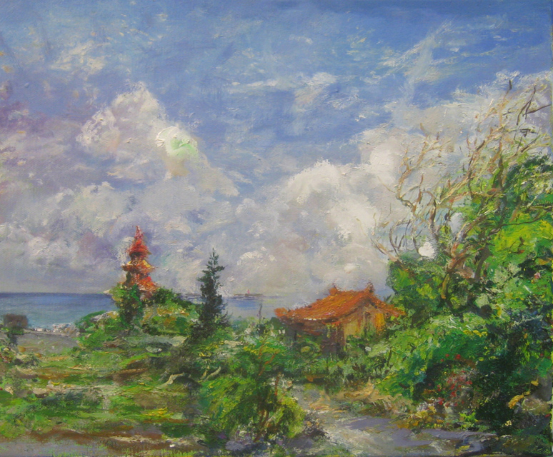 temple and pagoda at sea side painting